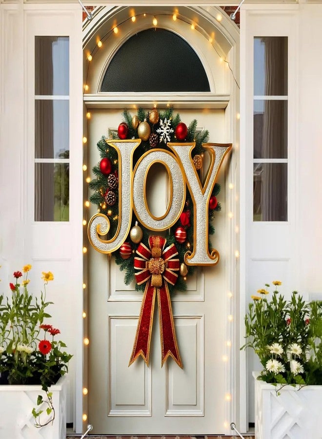 BlissYard JOY Christmas Door Cover Banner 35x71 Inch Holiday Wall Hanging with Oversized Letters Red Gold Ornaments and Bow for Front Porch Indoor Outdoor Xmas Decoration Party Photo Backdrop - Image 1