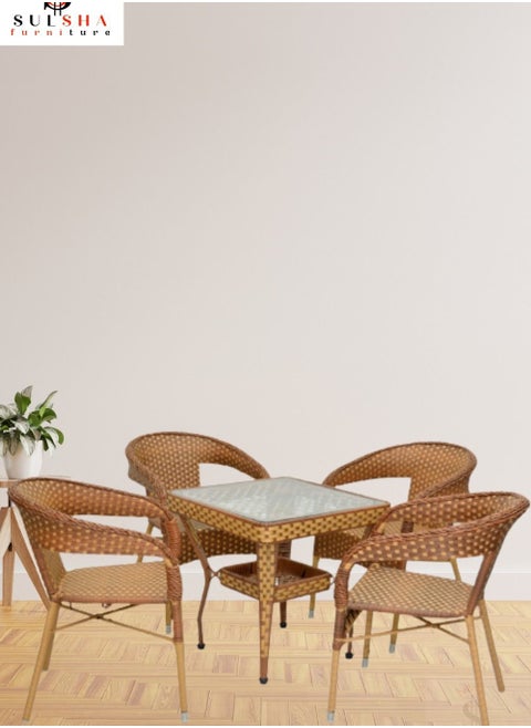 1+4 Rattan set- Table and Chairs Set- 1 Modern Squre Table & 4 Chairs for Outdoor & Indoor area- Dining Room- Kitchen ,Coffeeshop