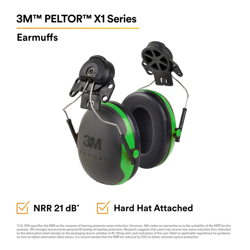 3M PELTOR Ear Muff Hearing Protection, Cap Style Hard Hat Attachment, X Series X1P3E, NRR 21 dB, Noise Protection, 1 Pair, Construction, Manufacturing, Maintenance, Automotive, Woodworking,Black/Green - Image 2