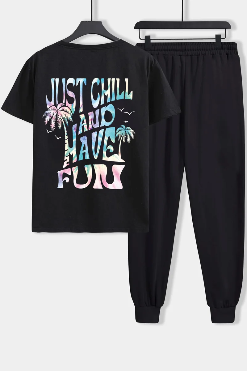 ONLYTRENDWEAR Unisex Just Chill And Have Fun Printed 2-Piece Tracksuit Set S.m. Black