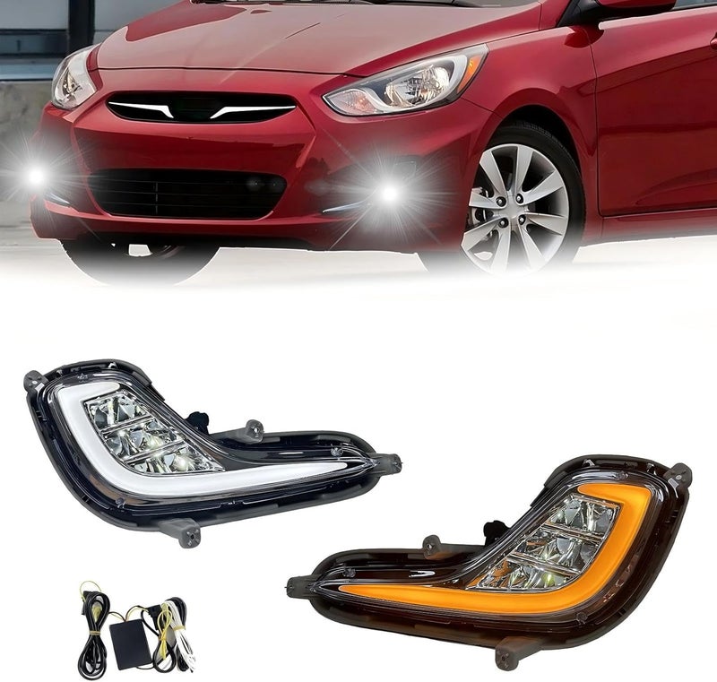 BOXLIGHT مصابيح الضباب مناسبة لهيونداي أكسنت 2012-2017 مع مصابيح DRL وإشارة الانعطاف مجموعة كاملة مع مفتاح وكابل إصدار LED - Image 1