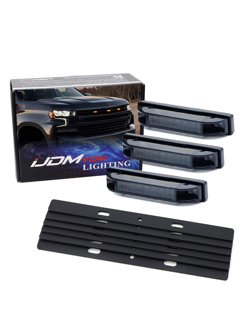 iJDMTOY iJDMTOY 3pc Super Bright Amber Full LED Center Grille Running/Position Lights w/Mounting Brackets, Compatible With 2019/2020-up Chevrolet Silverado 1500 2500HD 3500HD (Dark Smoked Lens)  - Image 1