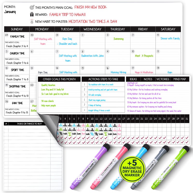 Freedom Mastery Magnetic Calendar for Refrigerator & Wall – Family Planning Board with to-Do List, Kitchen Calendar, 2 White Board Planner (17"x10.5" & 17"x7") + 8"x10" Task Board & 5 Markers - Image 1