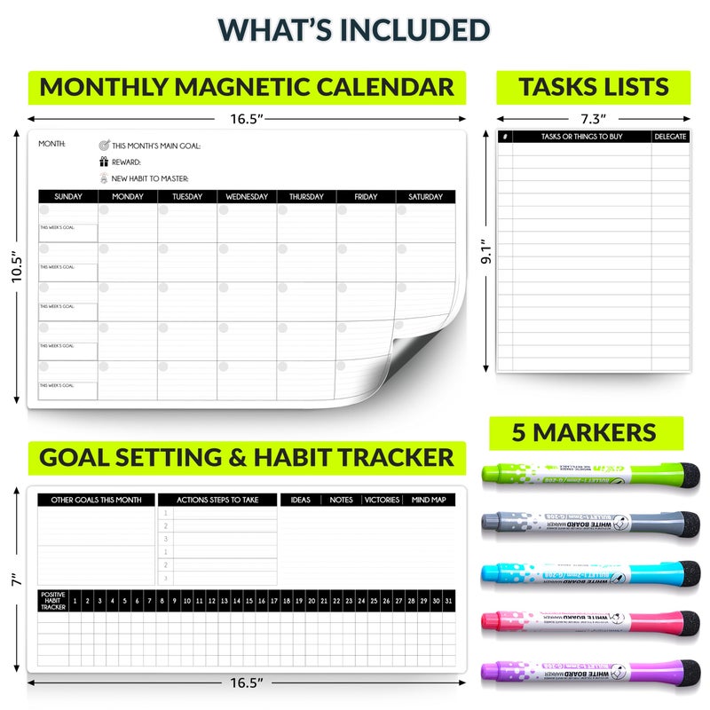 Freedom Mastery Magnetic Calendar for Refrigerator & Wall – Family Planning Board with to-Do List, Kitchen Calendar, 2 White Board Planner (17"x10.5" & 17"x7") + 8"x10" Task Board & 5 Markers - Image 2