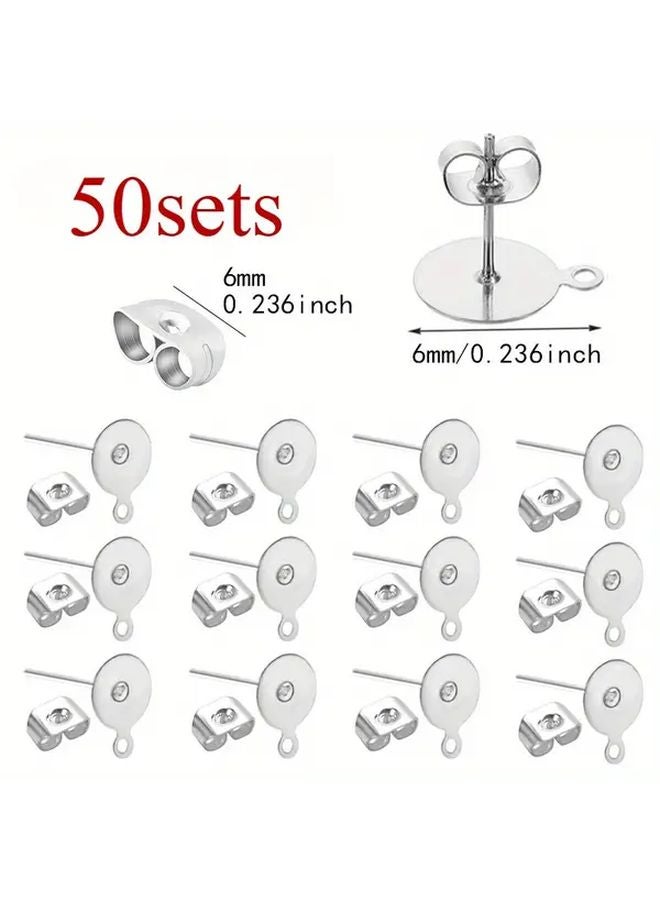 50 مجموعة من أعمدة الأذن المسطحة من الفولاذ مقاس 6 مم وألواح خلفية - مكونات صناعة مجوهرات متينة - Image 1