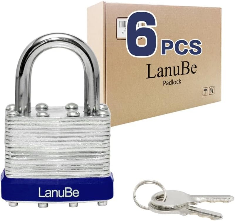 LanuBe Lock Laminated keyed Padlock (1-9/16", 40mm), keyed Alike Locks, Normal Shackle,Marked Blue Plastic Hoop, Pack of 6 - Image 1