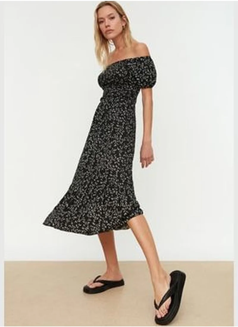 trendyol Black Carmen Collar Printed Ribbed Knitted Dress