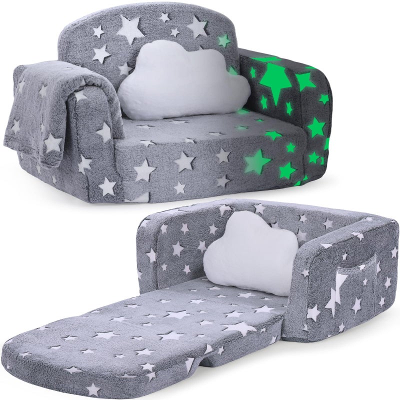 Foryoomi Kids Couch, 2-in-1 Soft Toddler Couch Fold Out with with Blanket and Cloud Pillow, Glow in The Dark, Toddler Chair Comfy, Convertible Sofa, Gifts for Kids Girl Boys, Medium Grey Star - Image 1