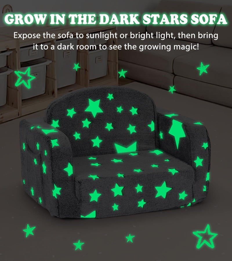 Foryoomi Kids Couch, 2-in-1 Soft Toddler Couch Fold Out with with Blanket and Cloud Pillow, Glow in The Dark, Toddler Chair Comfy, Convertible Sofa, Gifts for Kids Girl Boys, Medium Grey Star - Image 4