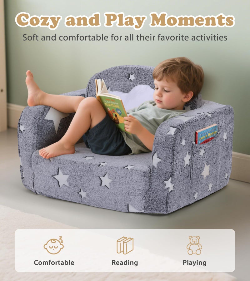 Foryoomi Kids Couch, 2-in-1 Soft Toddler Couch Fold Out with with Blanket and Cloud Pillow, Glow in The Dark, Toddler Chair Comfy, Convertible Sofa, Gifts for Kids Girl Boys, Medium Grey Star - Image 2