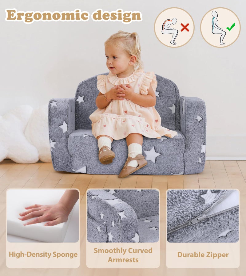 Foryoomi Kids Couch, 2-in-1 Soft Toddler Couch Fold Out with with Blanket and Cloud Pillow, Glow in The Dark, Toddler Chair Comfy, Convertible Sofa, Gifts for Kids Girl Boys, Medium Grey Star - Image 5