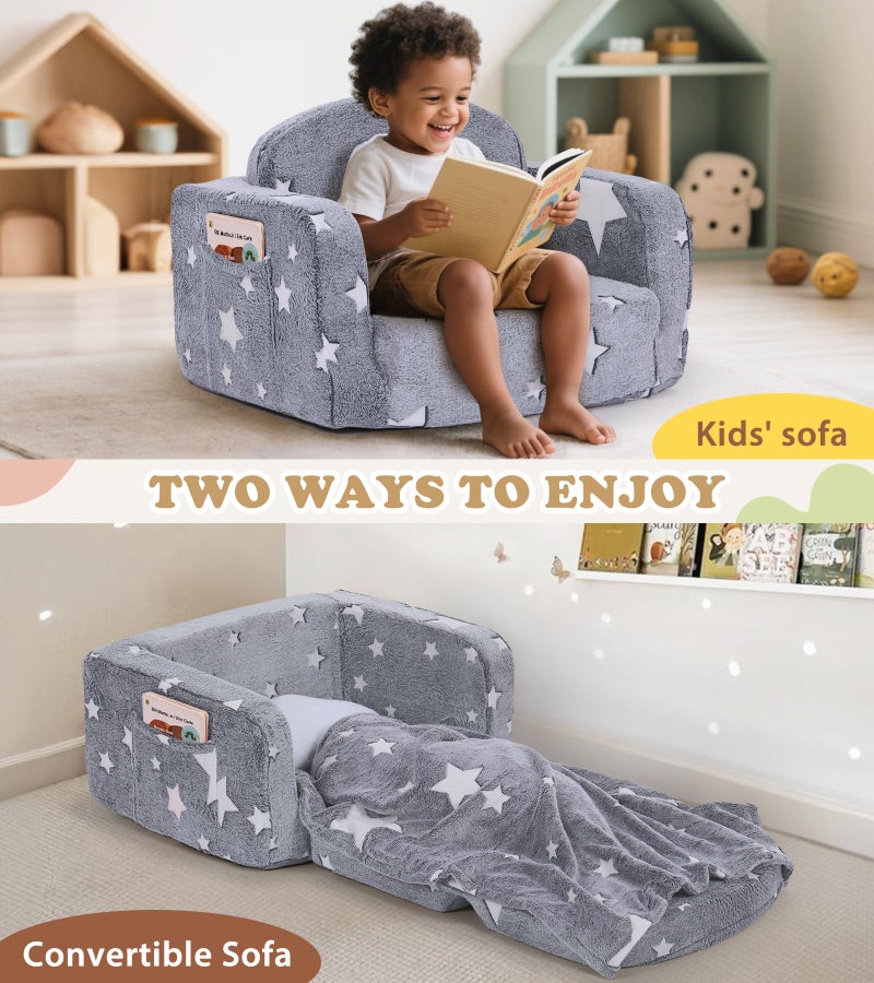 Foryoomi Kids Couch, 2-in-1 Soft Toddler Couch Fold Out with with Blanket and Cloud Pillow, Glow in The Dark, Toddler Chair Comfy, Convertible Sofa, Gifts for Kids Girl Boys, Medium Grey Star - Image 3