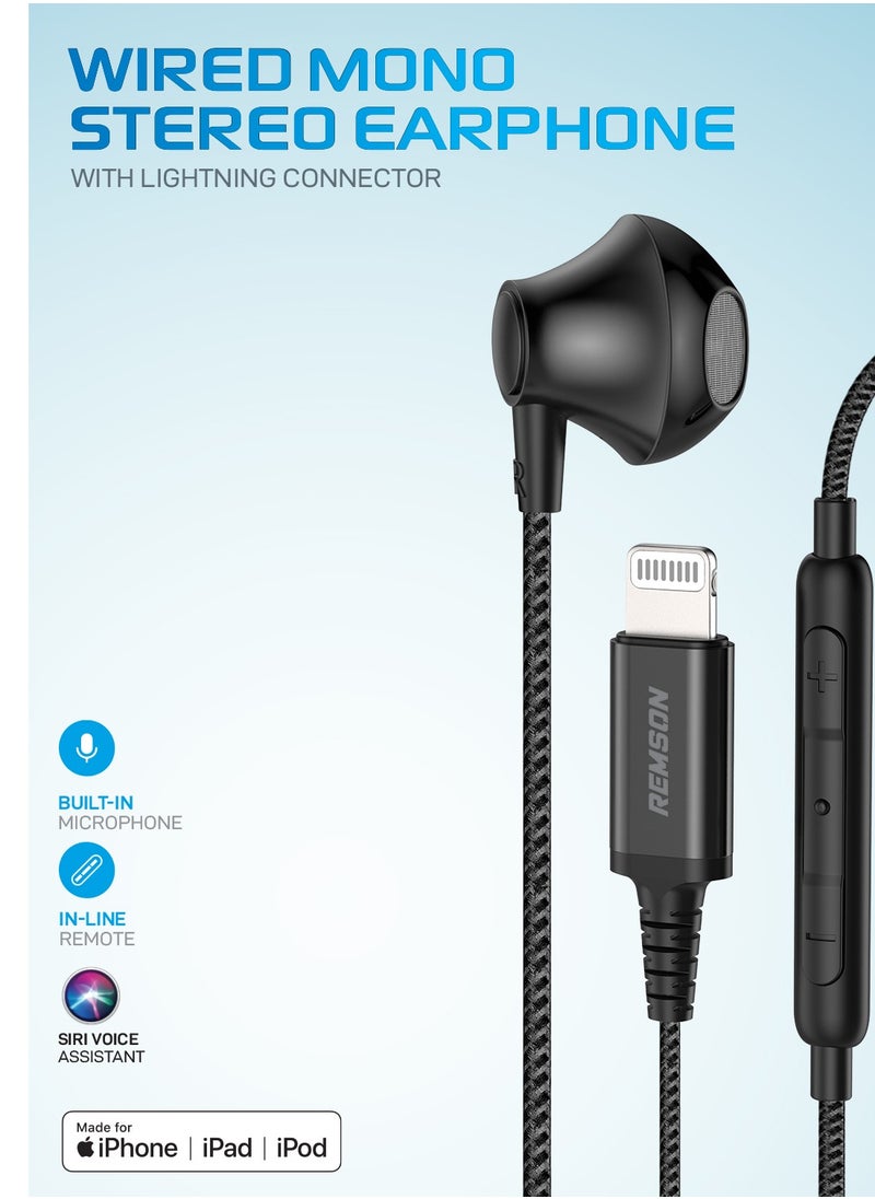 Remson - [Apple MFi Certified] Remson Wired Mono Stereo Earphone with Lightning Connector – Hi-Fi Sound, In-Line Remote, Compatible with iPhone 14, 13, 12, 11 Pro Max, XS Max – Black - Image 1