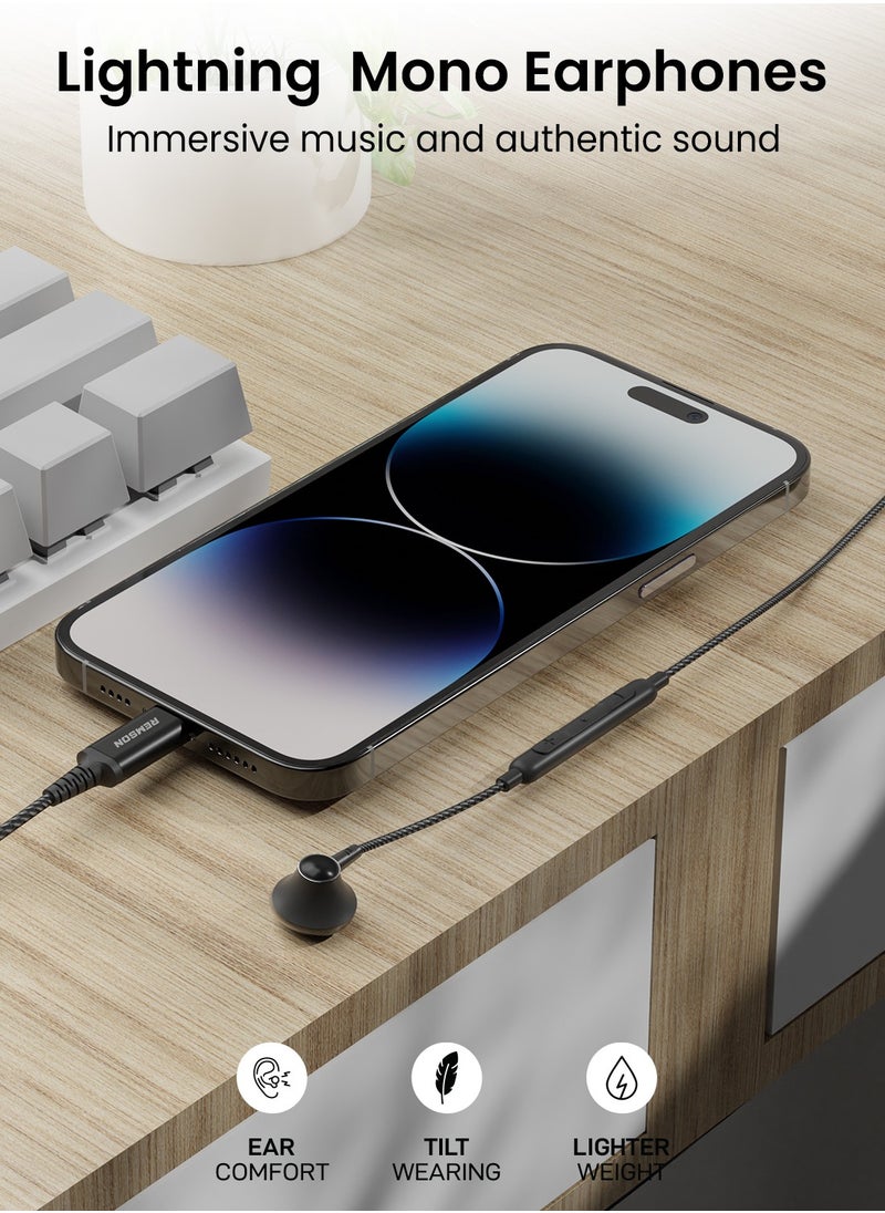 Remson - [Apple MFi Certified] Remson Wired Mono Stereo Earphone with Lightning Connector – Hi-Fi Sound, In-Line Remote, Compatible with iPhone 14, 13, 12, 11 Pro Max, XS Max – Black - Image 1