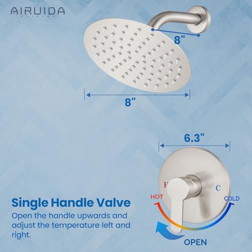 Airuida Shower Faucet Set,8 Inch Round Rainfall Shower Head,SUS304 Stainless Steel Single Handle Shower Trim Kit,Wall Mount Bathroom System with Male Threads Valve Brushed Nickel - Image 4