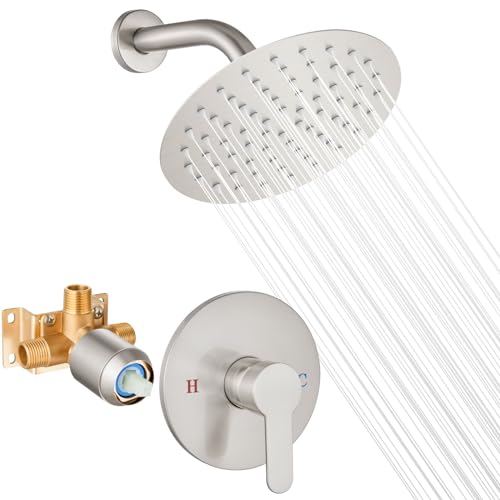 Airuida Shower Faucet Set,8 Inch Round Rainfall Shower Head,SUS304 Stainless Steel Single Handle Shower Trim Kit,Wall Mount Bathroom System with Male Threads Valve Brushed Nickel - Image 1