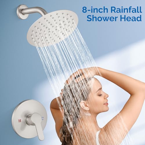 Airuida Shower Faucet Set,8 Inch Round Rainfall Shower Head,SUS304 Stainless Steel Single Handle Shower Trim Kit,Wall Mount Bathroom System with Male Threads Valve Brushed Nickel - Image 5