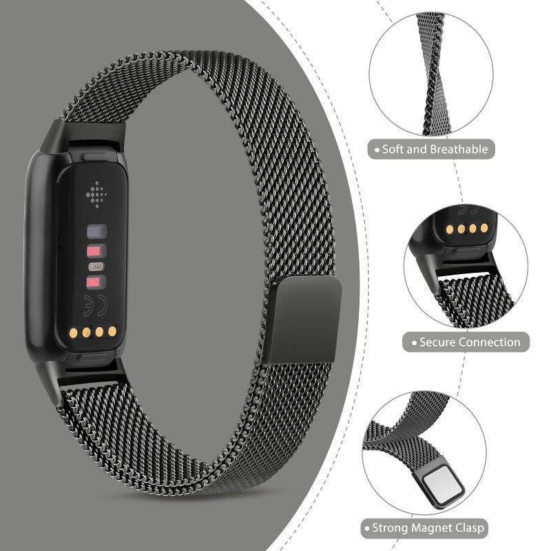 Vanjua Metal Band for Fitbit Luxe Bands Women Men, Stainless Steel Mesh Loop Adjustable Magnetic Wristband Replacement Strap Compatible with Fitbit Luxe Fitness and Wellness Tracker (Black) - Image 3