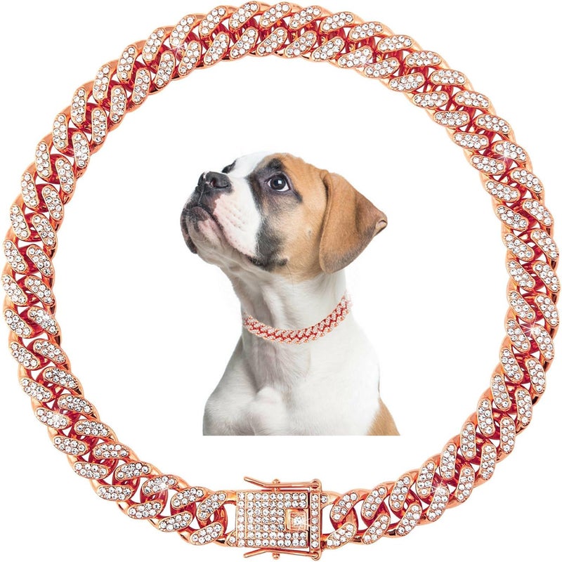 Weimostar Rose Gold Dog Chain Collars,Rhinestone Dog Necklace Bling Diamond Sparkly Jewelry Metal Puppy Collars for XS Small Medium Large Girl Female Pets Cats 14 Inch - Image 1