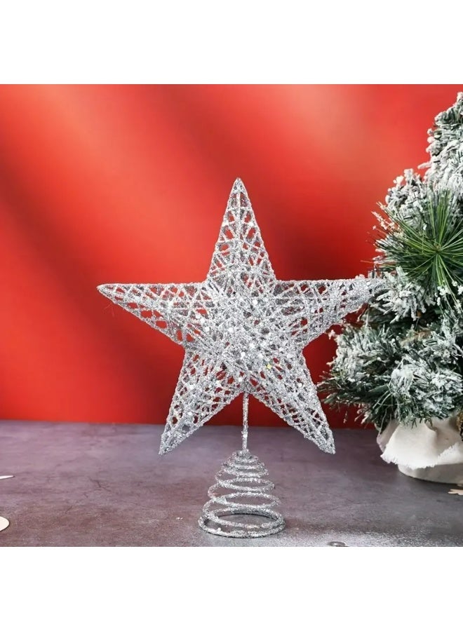 Kandid نجمة قمة شجرة عيد الميلاد الزخرفية، نجمة خماسية من الحديد المطاوع باللون الأحمر، زينة عطلة بقاعدة حلزونية لتزيين الشجرة (فضي) - Image 4
