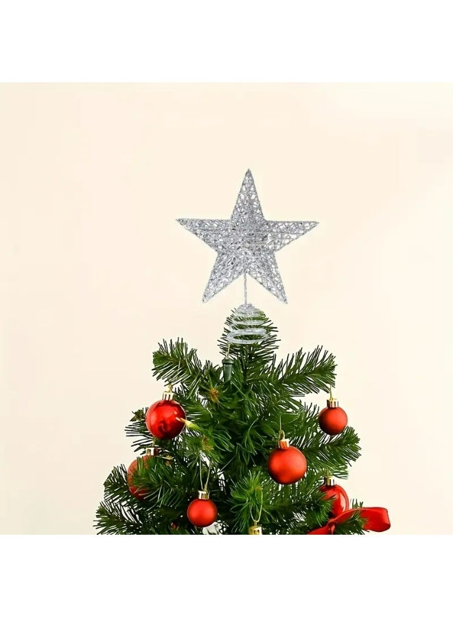 Kandid نجمة قمة شجرة عيد الميلاد الزخرفية، نجمة خماسية من الحديد المطاوع باللون الأحمر، زينة عطلة بقاعدة حلزونية لتزيين الشجرة (فضي) - Image 2