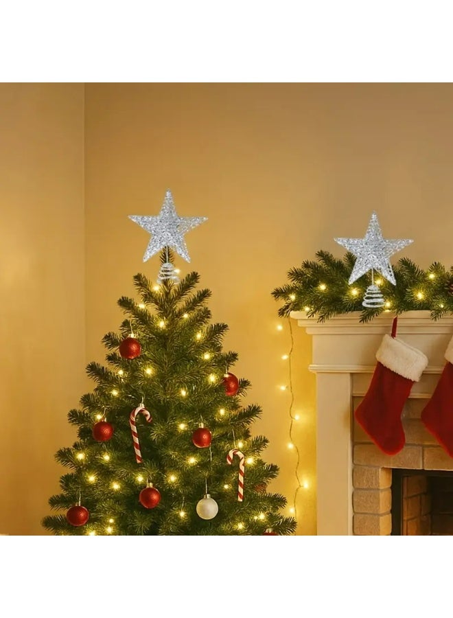 Kandid نجمة قمة شجرة عيد الميلاد الزخرفية، نجمة خماسية من الحديد المطاوع باللون الأحمر، زينة عطلة بقاعدة حلزونية لتزيين الشجرة (فضي) - Image 3