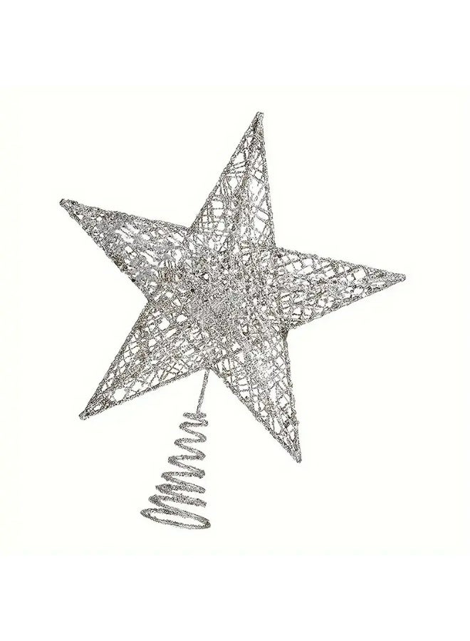 Kandid نجمة قمة شجرة عيد الميلاد الزخرفية، نجمة خماسية من الحديد المطاوع باللون الأحمر، زينة عطلة بقاعدة حلزونية لتزيين الشجرة (فضي) - Image 1