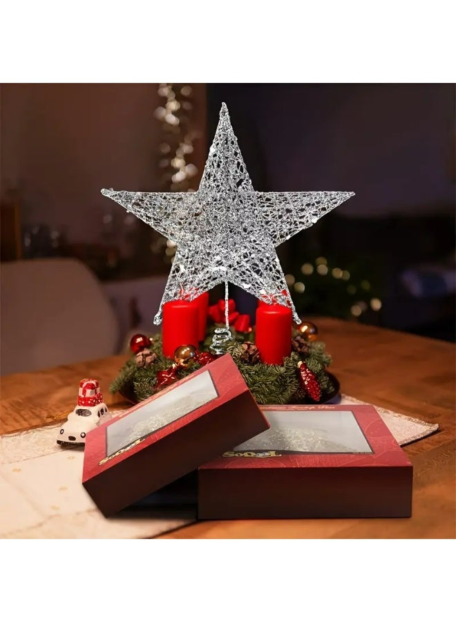 Kandid نجمة قمة شجرة عيد الميلاد الزخرفية، نجمة خماسية من الحديد المطاوع باللون الأحمر، زينة عطلة بقاعدة حلزونية لتزيين الشجرة (فضي) - Image 5
