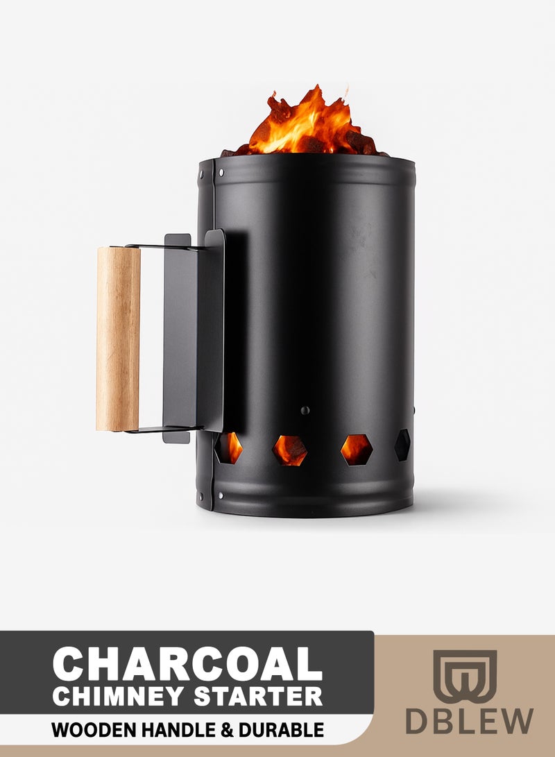 DBLEW مدخنة فحم حديدية مع مقبض خشبي - أداة إشعال نار يدوية للشواء، التخييم والشواء مقاومة للحرارة، إشعال سريع، متينة وسهلة التنظيف للأدوات الخارجية للطهي - Image 1