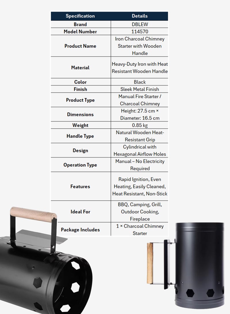 DBLEW مدخنة فحم حديدية مع مقبض خشبي - أداة إشعال نار يدوية للشواء، التخييم والشواء مقاومة للحرارة، إشعال سريع، متينة وسهلة التنظيف للأدوات الخارجية للطهي - Image 3
