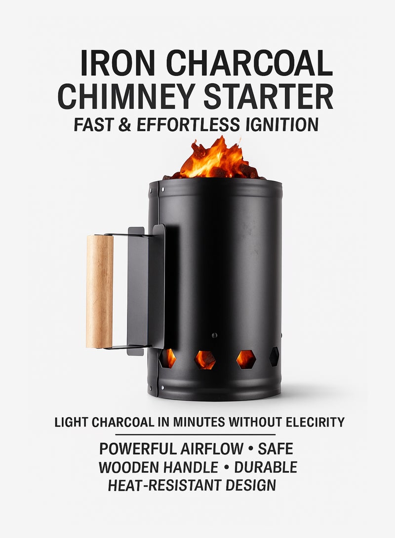 DBLEW مدخنة فحم حديدية مع مقبض خشبي - أداة إشعال نار يدوية للشواء، التخييم والشواء مقاومة للحرارة، إشعال سريع، متينة وسهلة التنظيف للأدوات الخارجية للطهي - Image 2