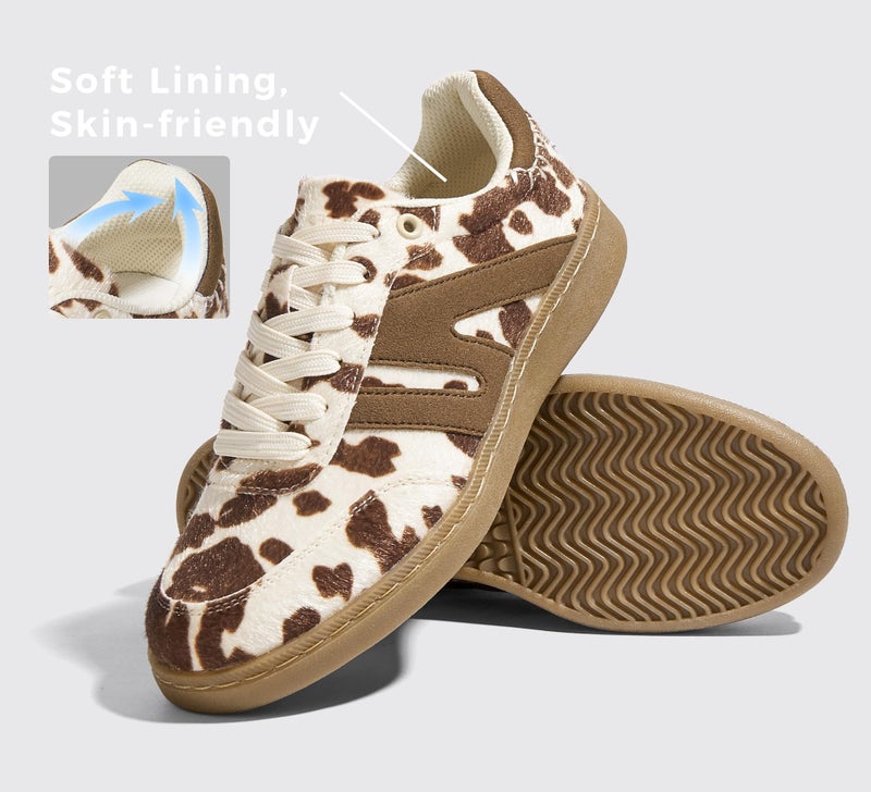 LUCKY STEP Women Classic Retro Gum Sole Fashion Sneakers Casual Tennis Skate Shoe Genuine Leather Walking Footwear Anti Slip Trainers(Brown Cow Print,9) - Image 4