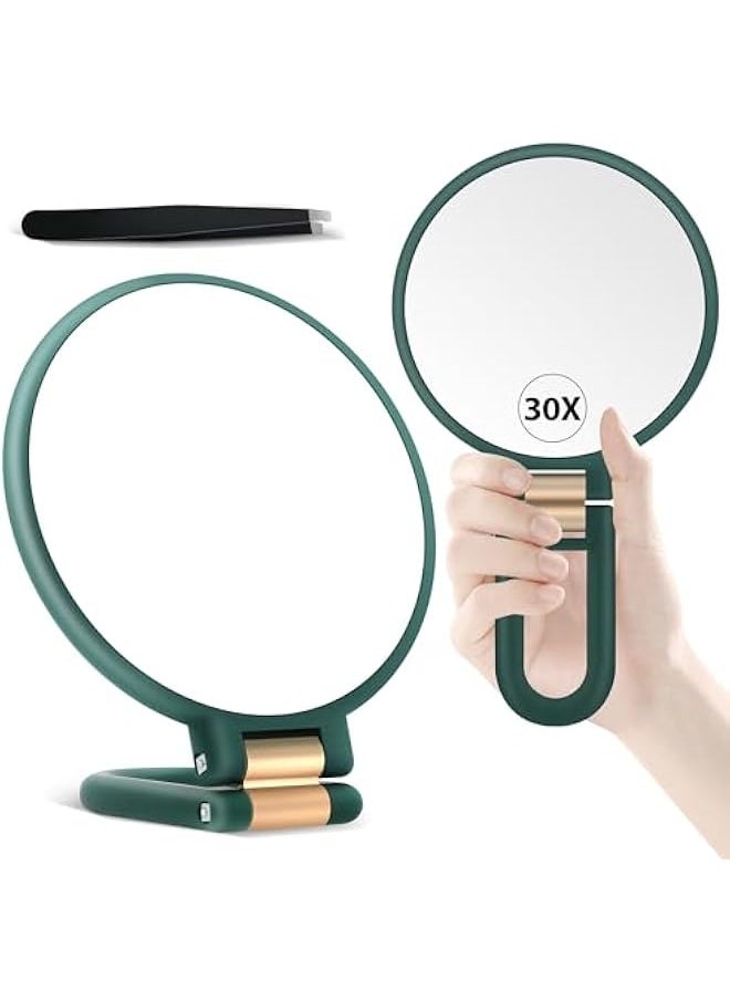 Generic - Handheld Magnifying Mirror, Double Sided Travel Magnifying Mirror with 30X/1X Magnification, 360°Adjustable Handle and Precision Tweezers, Portable Multi-Purpose Makeup Mirror Green - Image 1