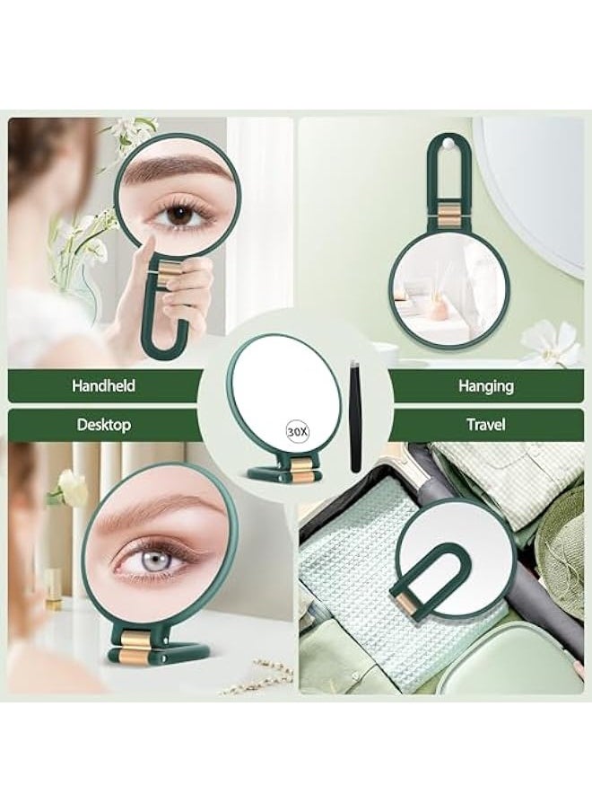 Generic - Handheld Magnifying Mirror, Double Sided Travel Magnifying Mirror with 30X/1X Magnification, 360°Adjustable Handle and Precision Tweezers, Portable Multi-Purpose Makeup Mirror Green - Image 1
