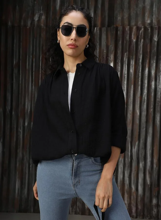 HIGH STAR Women Oversized Solid Cotton with Geathers At Shoulder Casual Shirt