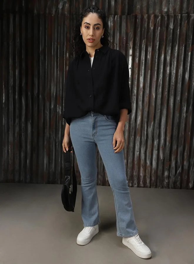 HIGH STAR Women Oversized Solid Cotton with Geathers At Shoulder Casual Shirt