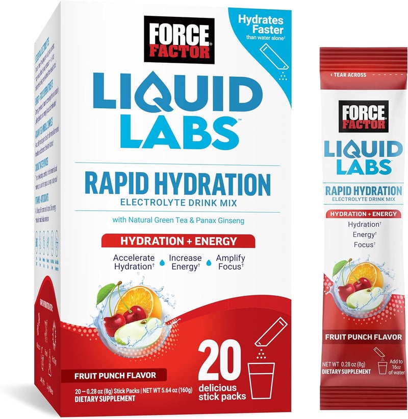 FORCE FACTOR Liquid Labs Energy Drink Electrolytes Powder Hydration Packets to Boost Energy  Focus 5 Essential Electrolytes Vitamins Minerals  Antioxidants Fruit Punch Flavor 20 Stick Packs - Image 1