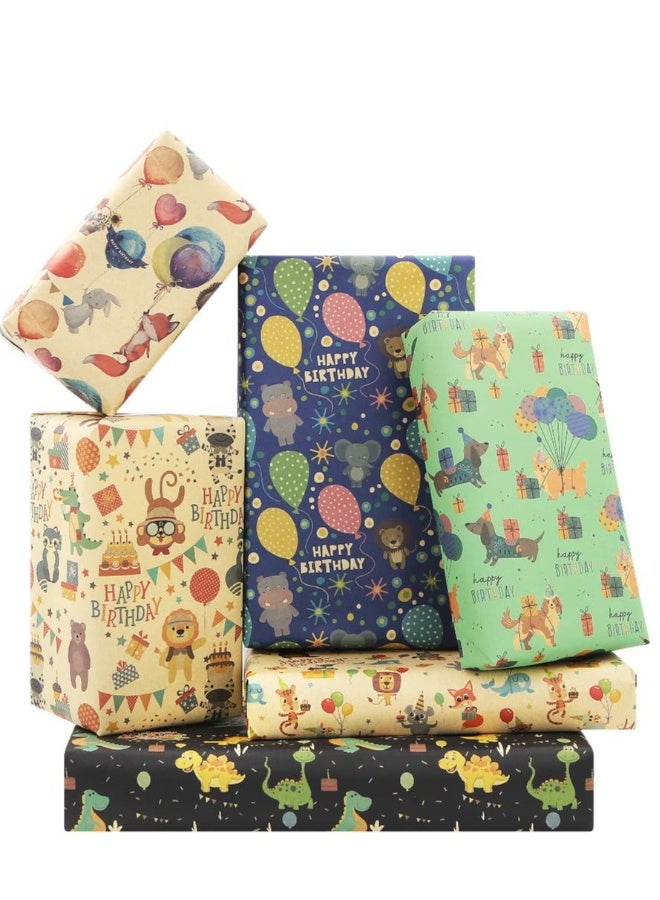 Birthday Wrapping Paper, Happy Animals Party Dinosaur Design Kraft Gift Wrap Paper, Happy Birthday Wrapping Paper 6 Sheets Folded Flat 20x28 inches per Sheet - Image 1
