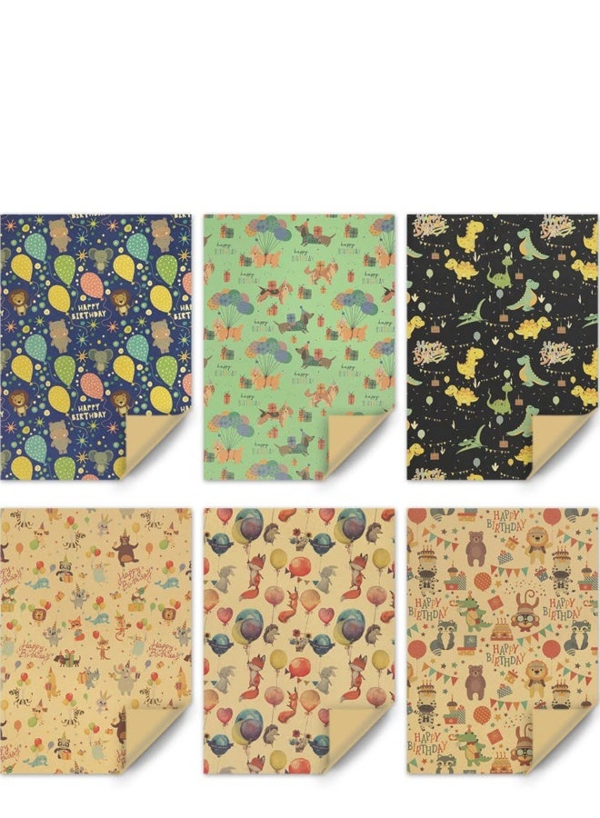 Birthday Wrapping Paper, Happy Animals Party Dinosaur Design Kraft Gift Wrap Paper, Happy Birthday Wrapping Paper 6 Sheets Folded Flat 20x28 inches per Sheet - Image 2
