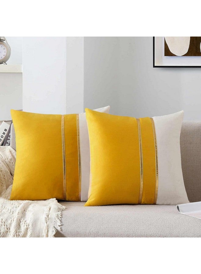 AEROHAVEN™ Set of 2 Premium Velvet with Gold Stripes Decorative Throw Pillow/Cushion Covers with Invisible Zipper - (16 x 16 Inch, Yellow) - Image 1
