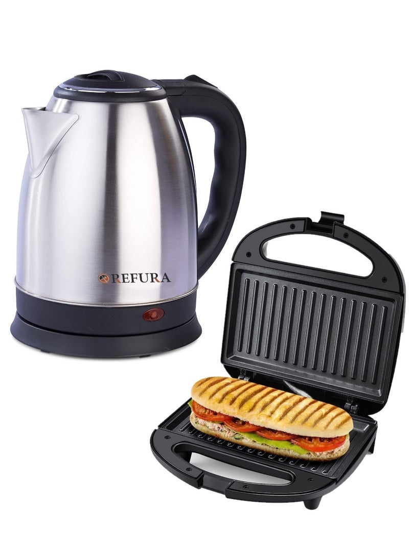REFURA 2 Slice Non-Stick Sandwich & Pannini Press Grill with 1.8L Stainless Steel Electric Water Kettle 1500W KGT-810 + RE-11601 - Image 1