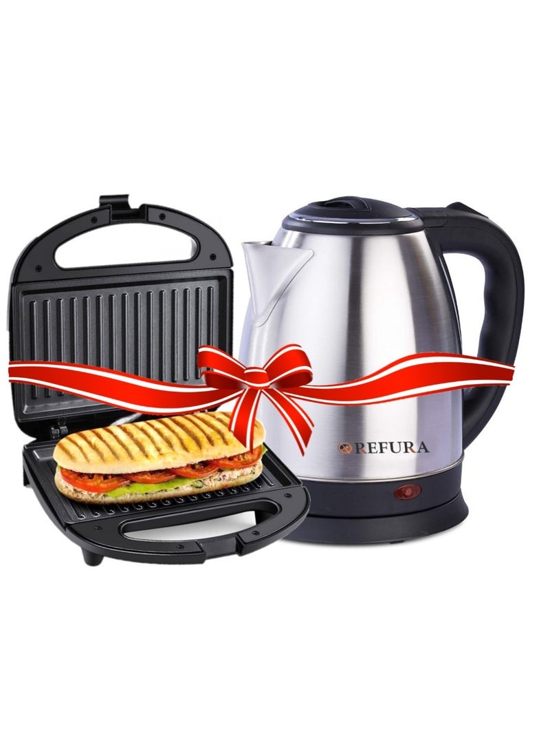 REFURA 2 Slice Non-Stick Sandwich & Pannini Press Grill with 1.8L Stainless Steel Electric Water Kettle 1500W KGT-810 + RE-11601 - Image 2