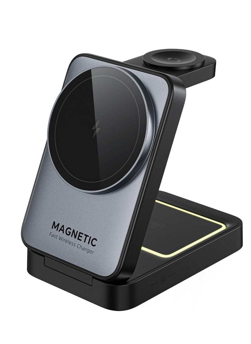 EcoZeit - 【Magnetic 3in1 Foldable Wireless Charger For IPhone】【Middle Level】Travel Magnetic Charger Station, Nightlight, Foldable, Wireless Charging; Compatible with Magsafe Charger&iPhone 16/15/14/13&Apple Watch&AirPods - Image 1