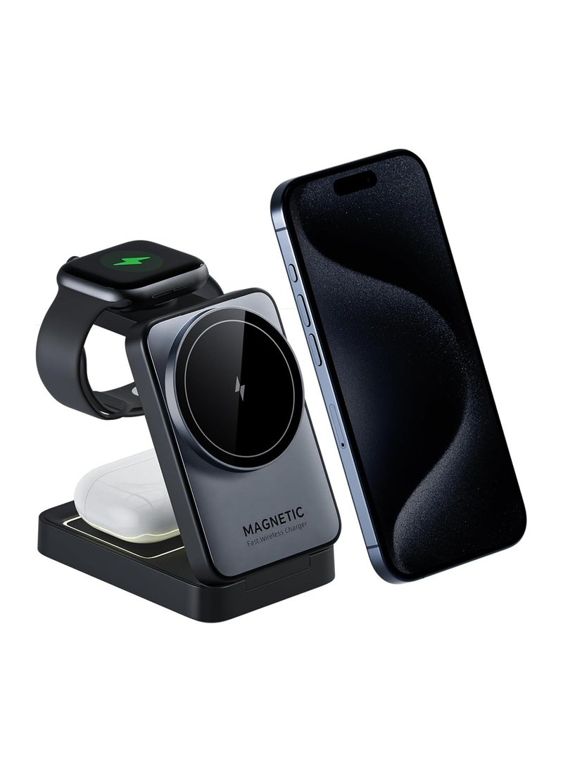 EcoZeit - 【Magnetic 3in1 Foldable Wireless Charger For IPhone】【Middle Level】Travel Magnetic Charger Station, Nightlight, Foldable, Wireless Charging; Compatible with Magsafe Charger&iPhone 16/15/14/13&Apple Watch&AirPods - Image 1