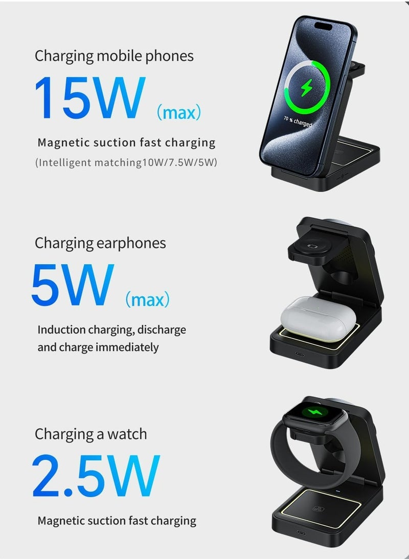 EcoZeit - 【Magnetic 3in1 Foldable Wireless Charger For IPhone】【Middle Level】Travel Magnetic Charger Station, Nightlight, Foldable, Wireless Charging; Compatible with Magsafe Charger&iPhone 16/15/14/13&Apple Watch&AirPods - Image 1