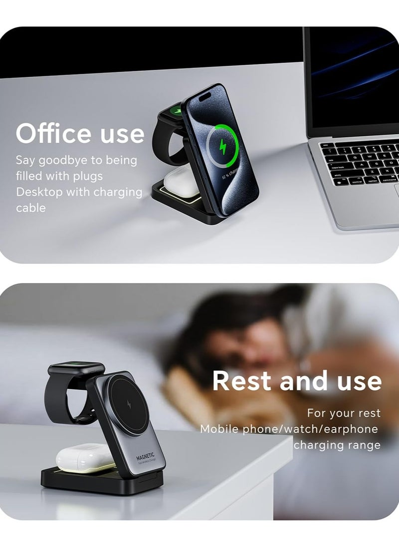 EcoZeit - 【Magnetic 3in1 Foldable Wireless Charger For IPhone】【Middle Level】Travel Magnetic Charger Station, Nightlight, Foldable, Wireless Charging; Compatible with Magsafe Charger&iPhone 16/15/14/13&Apple Watch&AirPods - Image 1