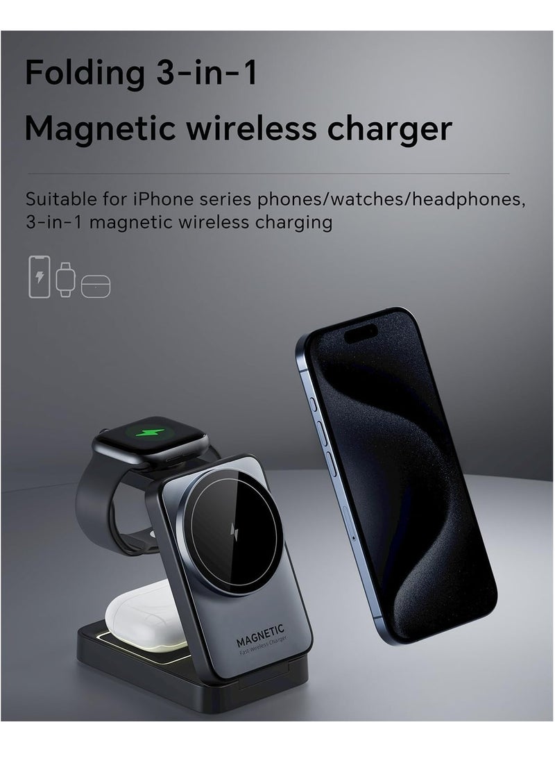 EcoZeit - 【Magnetic 3in1 Foldable Wireless Charger For IPhone】【Middle Level】Travel Magnetic Charger Station, Nightlight, Foldable, Wireless Charging; Compatible with Magsafe Charger&iPhone 16/15/14/13&Apple Watch&AirPods - Image 1