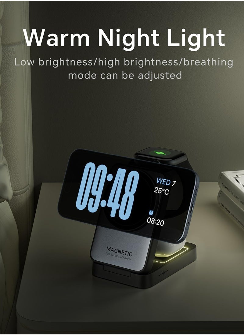 EcoZeit - 【Magnetic 3in1 Foldable Wireless Charger For IPhone】【Middle Level】Travel Magnetic Charger Station, Nightlight, Foldable, Wireless Charging; Compatible with Magsafe Charger&iPhone 16/15/14/13&Apple Watch&AirPods - Image 1