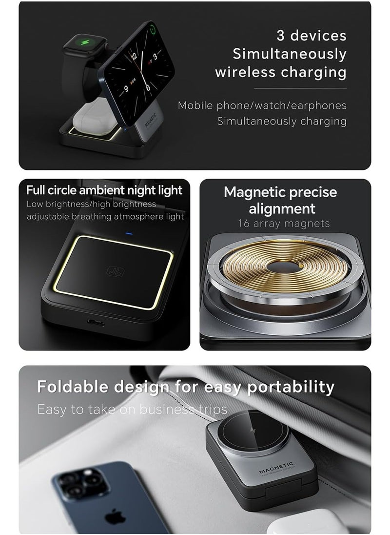 EcoZeit - 【Magnetic 3in1 Foldable Wireless Charger For IPhone】【Middle Level】Travel Magnetic Charger Station, Nightlight, Foldable, Wireless Charging; Compatible with Magsafe Charger&iPhone 16/15/14/13&Apple Watch&AirPods - Image 1