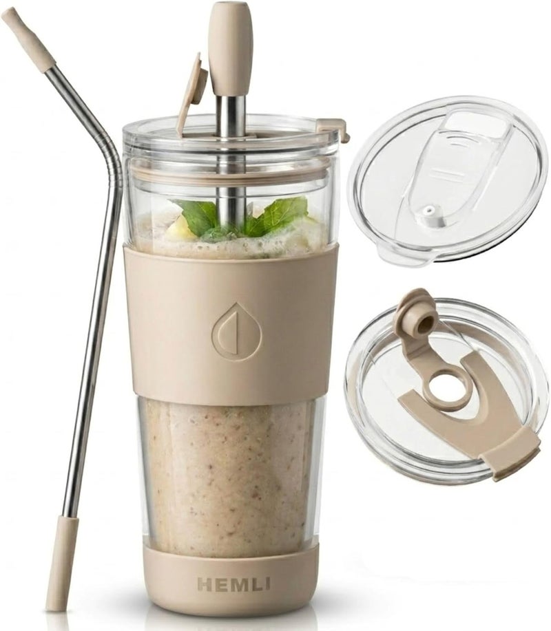 Hemli 19 oz. Clear Double Wall Glass Coffee Tumbler, To Go Glass Travel Mug with Lid and Straw, Reusable Cup Tea, Smoothies, Ice Coffee, and Boba (White Biege) - Image 1